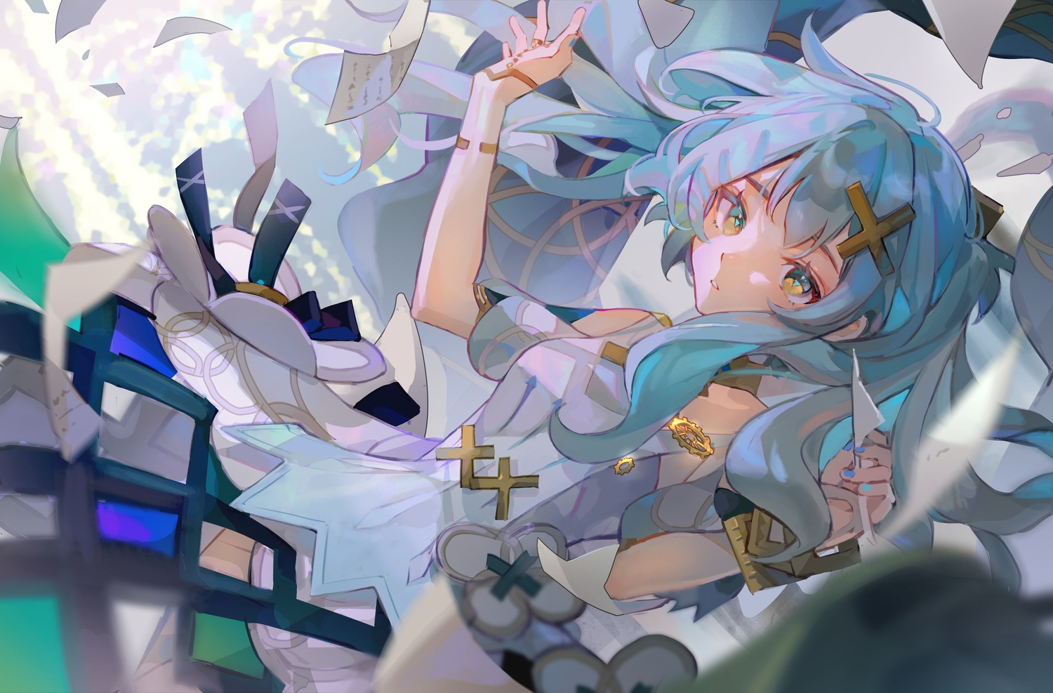 aqua_hair, brown_eyes, dress, faruzan_(genshin_impact), genshin_impact, long_hair, miermere