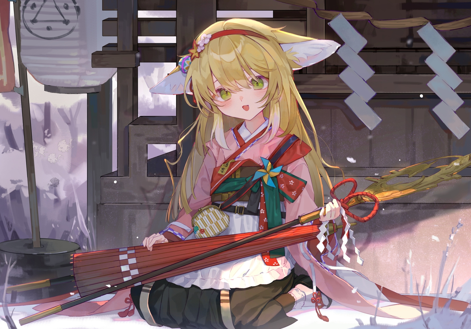 animal_ears, apron, arknights, blonde_hair, foxgirl, green_eyes, headband, japanese_clothes
