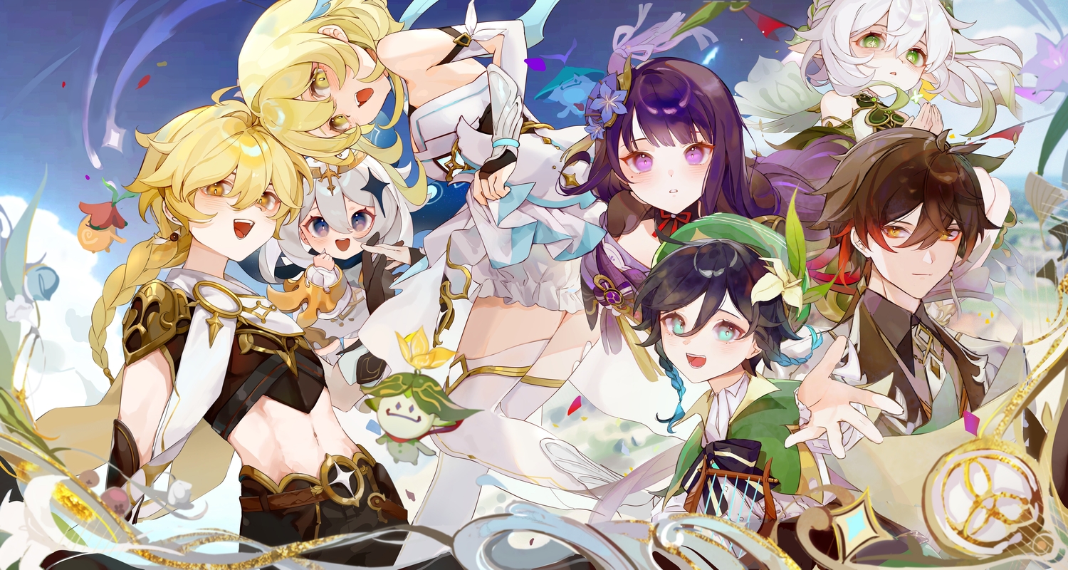 aether_(genshin_impact), genshin_impact, group, loli, lumine_(genshin_impact), male, miermere, nahida_(genshin_impact)