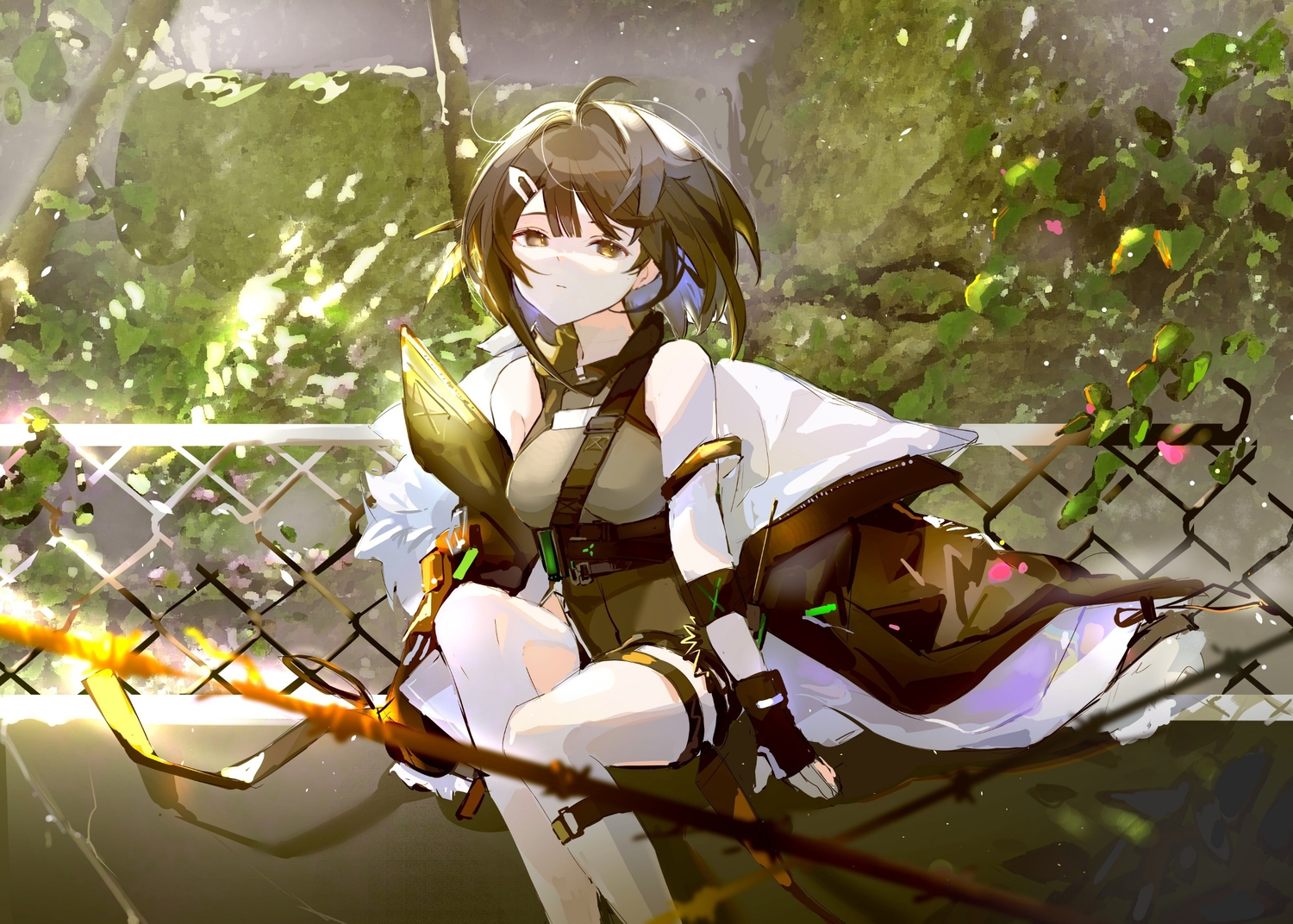 arknights, brown_eyes, brown_hair, la_pluma_(arknights), miermere, sketch, staff