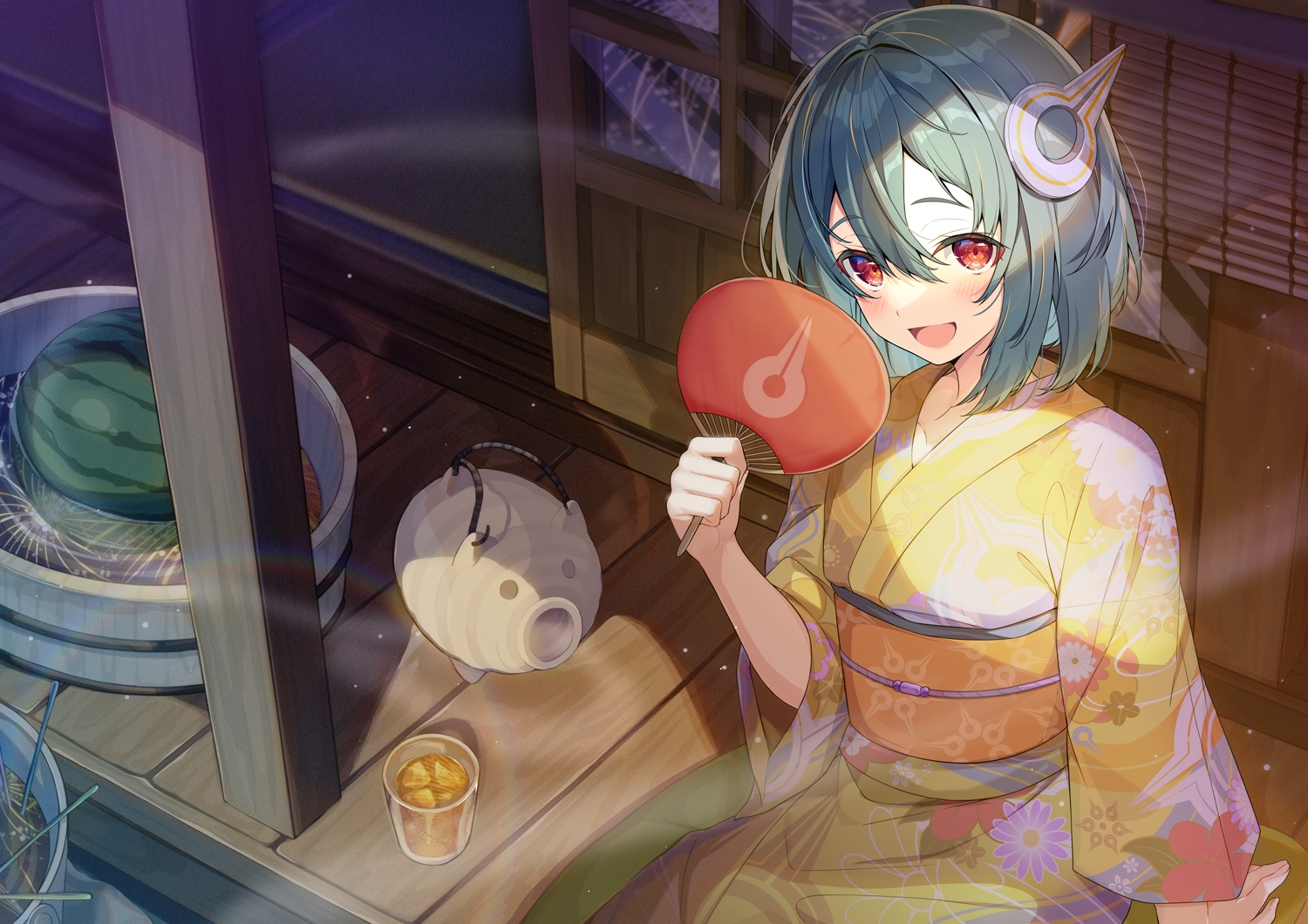 blush, drink, fan, fireworks, food, fruit, green_hair, japanese_clothes