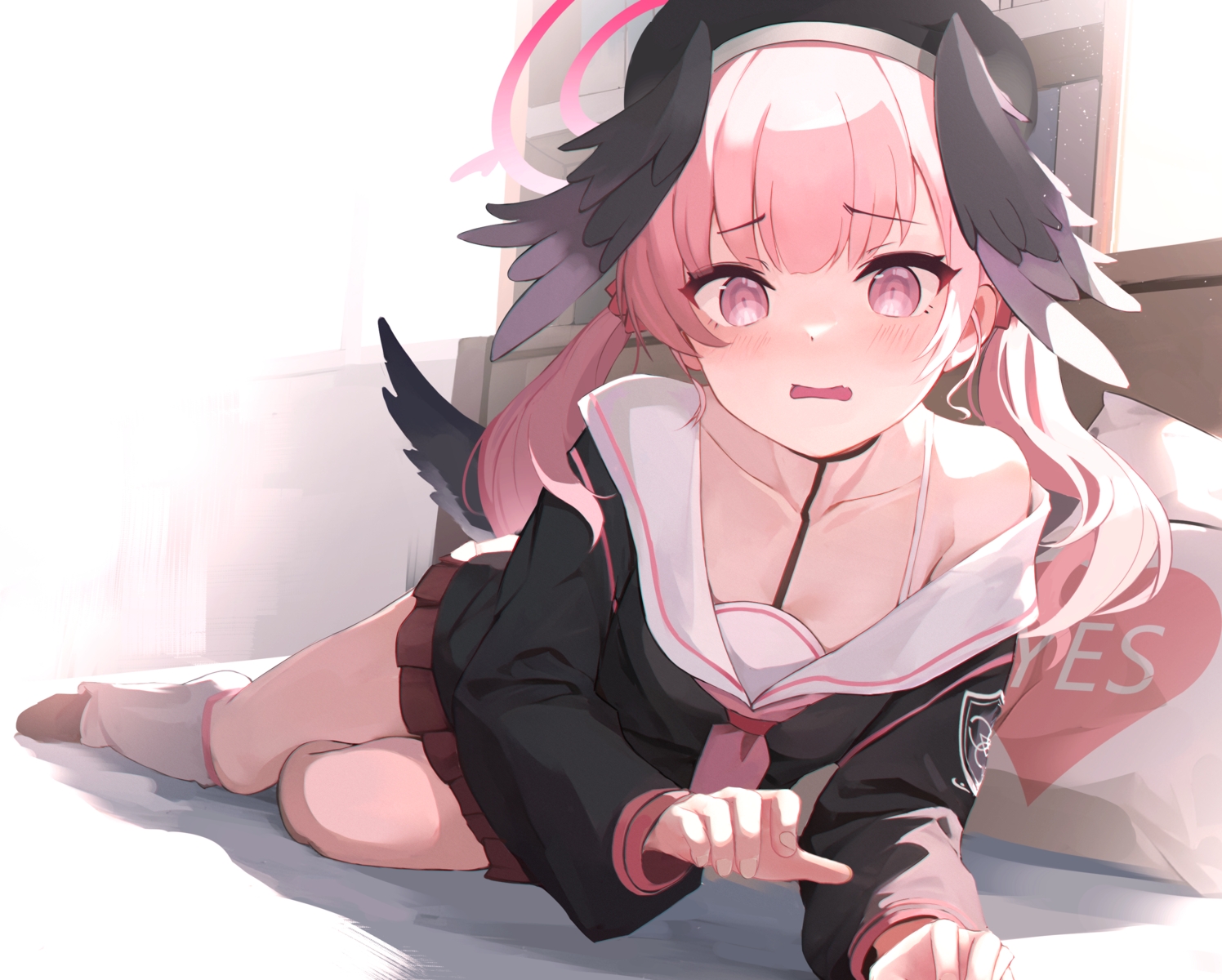 angel, blue_archive, blush, darudana, fang, halo, kneehighs, loli