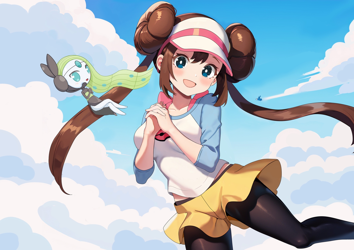 baozi_9527, blue_eyes, blush, brown_hair, clouds, hat, latios, long_hair