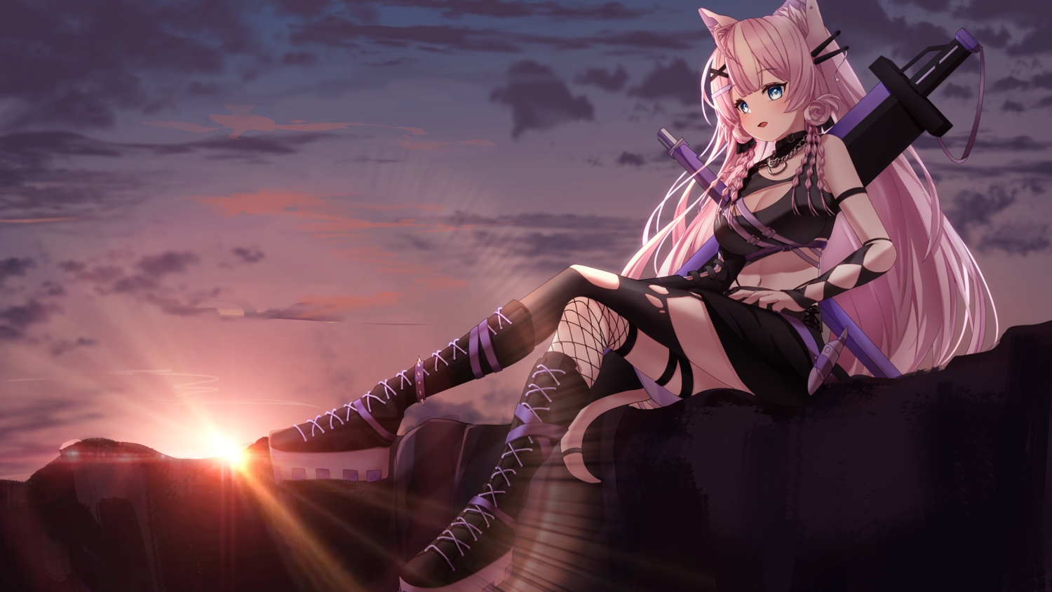 animal_ears, blue_eyes, blush, boots, braids, breasts, catgirl, chain