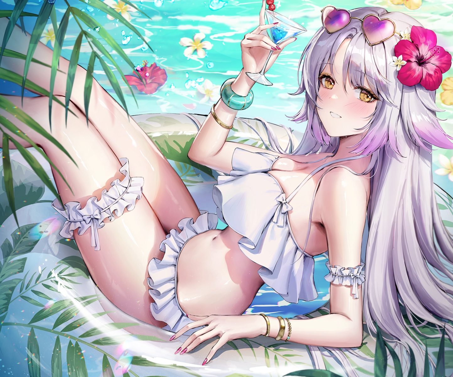 bikini, blush, breasts, cleavage, cropped, drink, flowers, garter, gray_hair, jademoon, long_hair, navel, sangoku_taisen_smash!, sunglasses, swimsuit, tagme_(character), water, wristwear, yellow_eyes