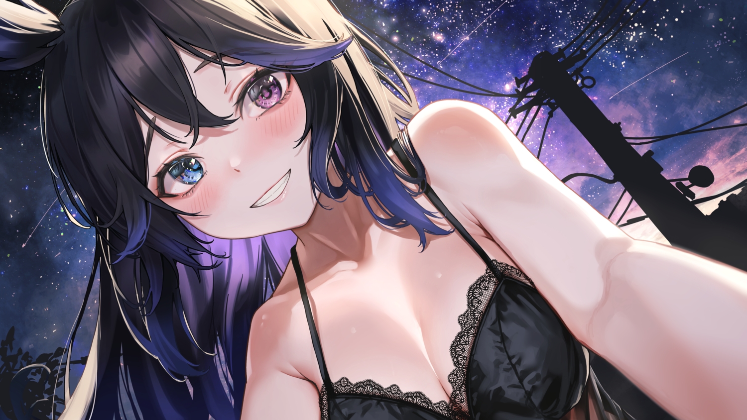 bicolored_eyes, black_hair, blush, breasts, cleavage, close, junkichi_gbf, long_hair