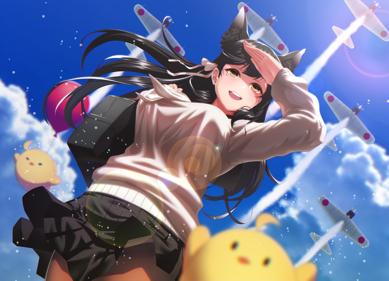 aircraft, animal, animal_ears, anthropomorphism, atago_(azur_lane), azur_lane, bird, black_hair