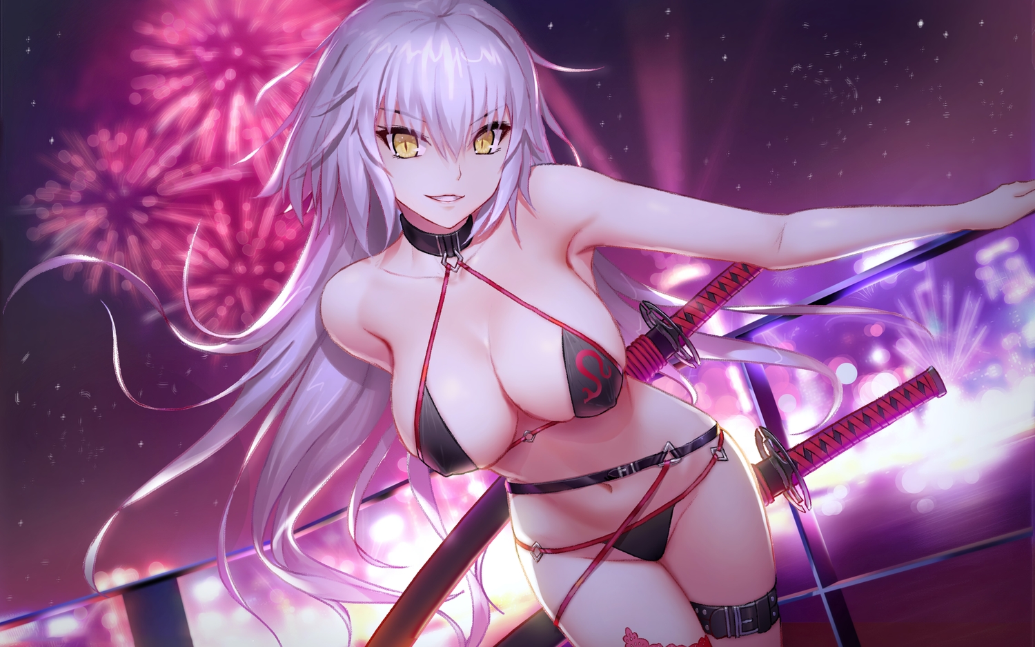 bikini, erect_nipples, fate/grand_order, fate_(series), fireworks, jeanne_d'arc_alter, jeanne_d'arc_(fate), katana