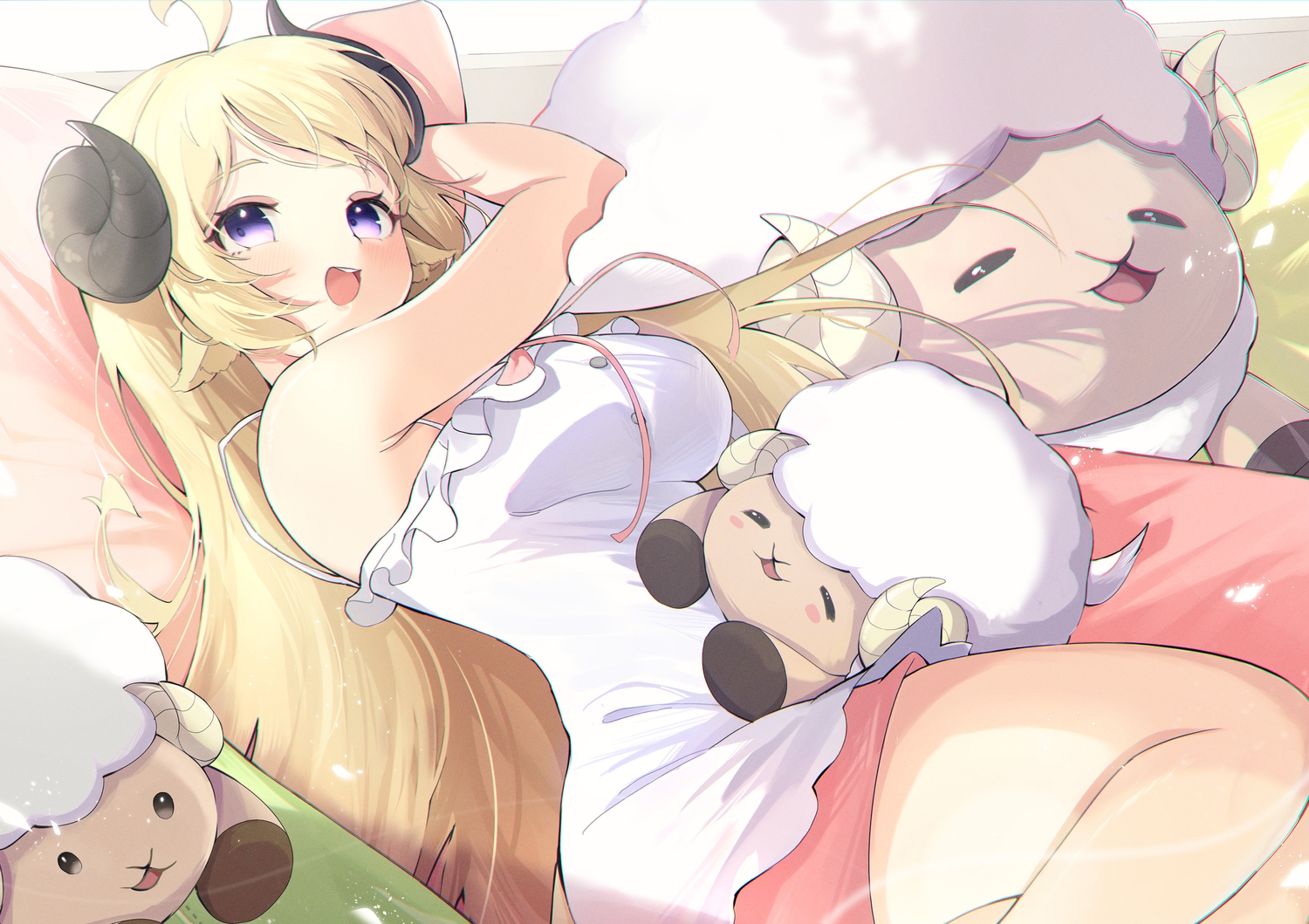 animal, animal_ears, blonde_hair, blush, dress, eat_some_cookie, hololive, horns, long_hair, purple_eyes, sheep, sheepgirl, summer_dress, tsunomaki_watame