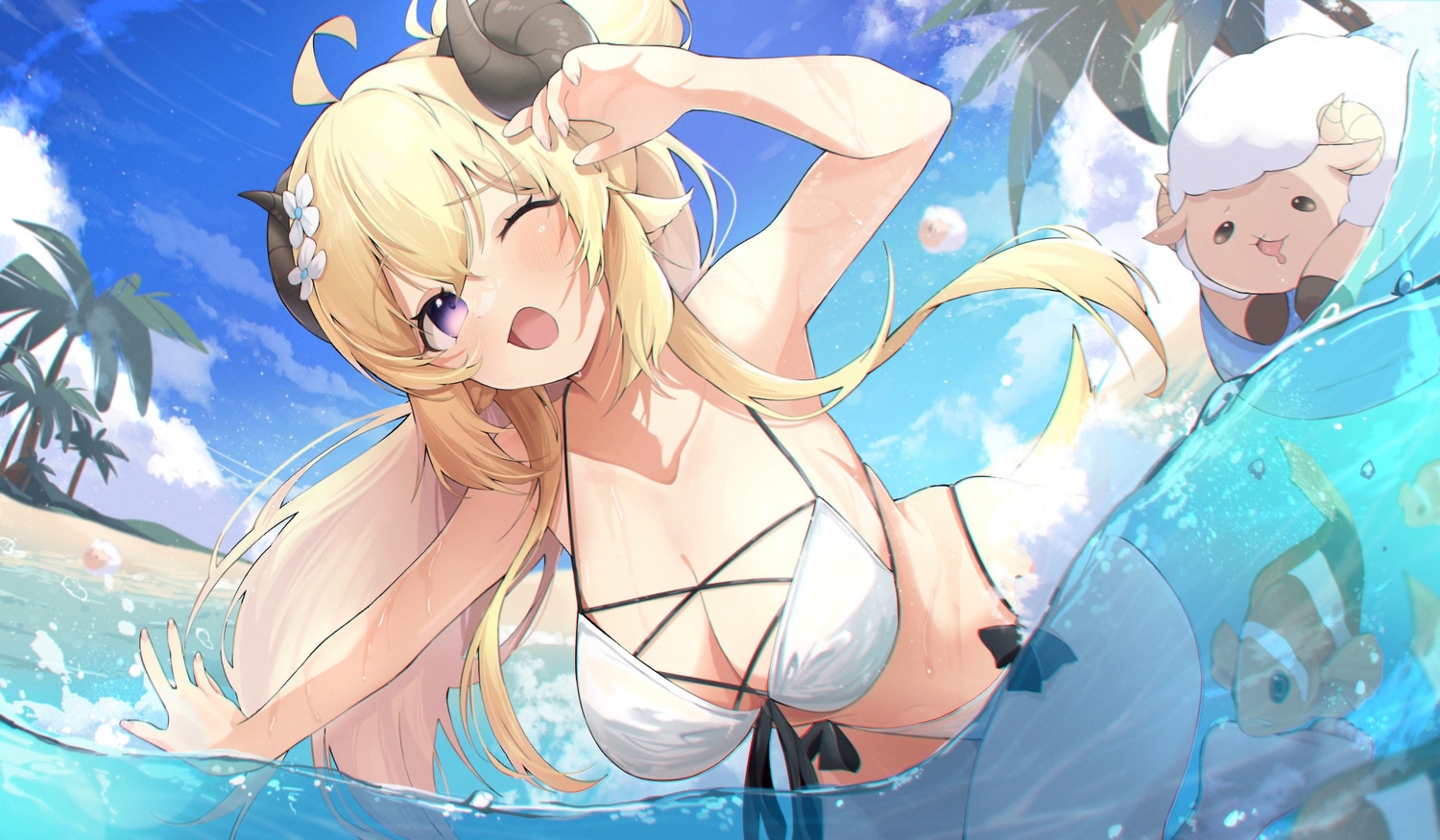 animal, animal_ears, bikini, blush, bow, breasts, cleavage, clouds, eat_some_cookie, fish, hololive, horns, long_hair, purple_eyes, sheep, sheepgirl, sky, swimsuit, tree, tsunomaki_watame, water, wink