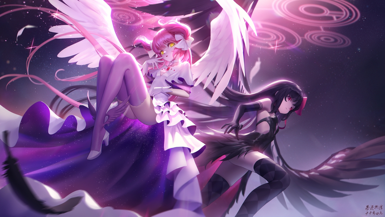 2girls, akemi_homura, akuma_homura, black_hair, dress, elbow_gloves, gloves, kaname_madoka