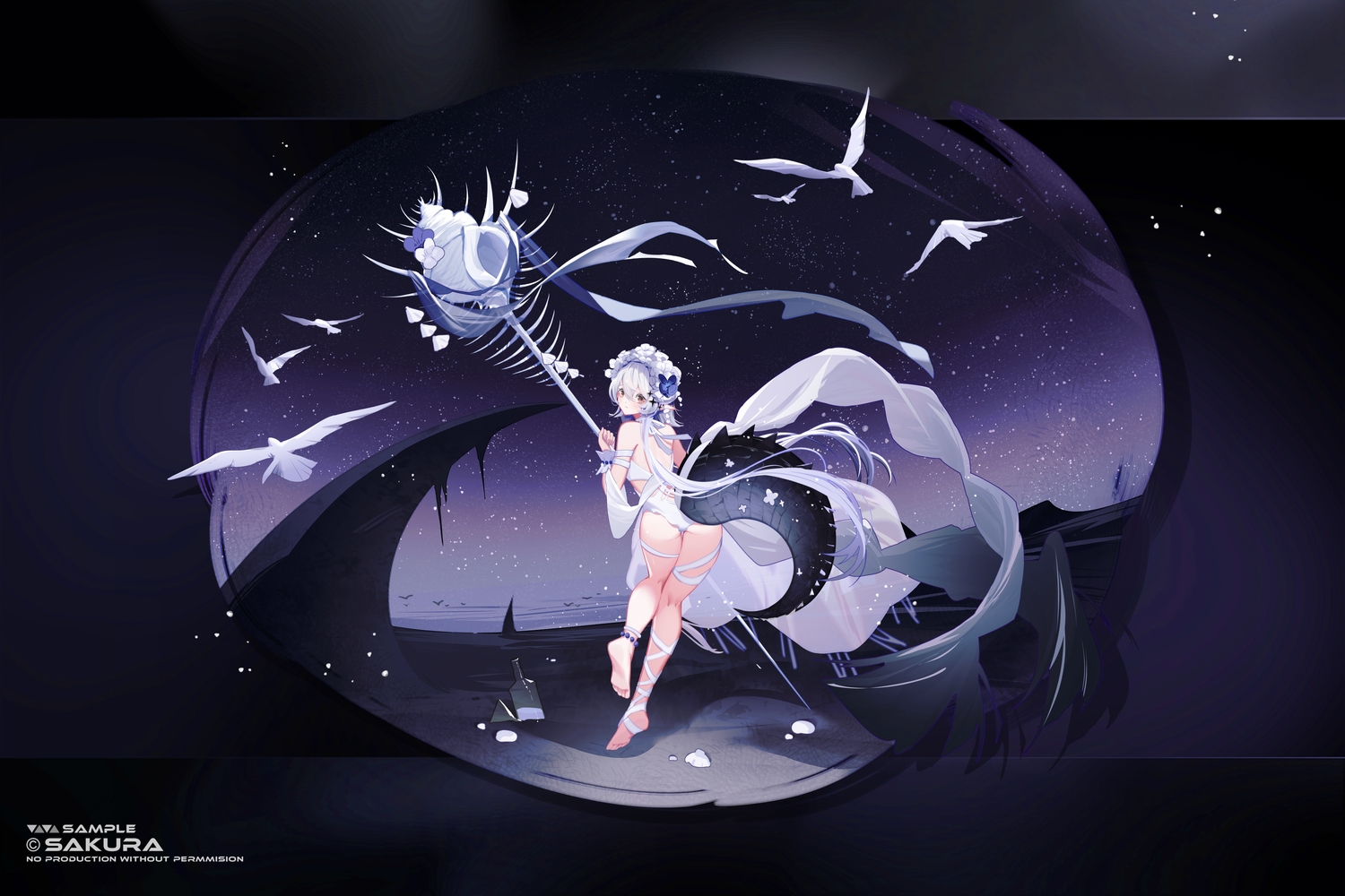 animal, arknights, ass, barefoot, beach, bird, blush, brown_eyes, garter, gray_hair, headdress, long_hair, night, pointed_ears, staff, stars, swimsuit, tail, tomimi_(arknights), water, watermark, wristwear, zaocan_nai_cha