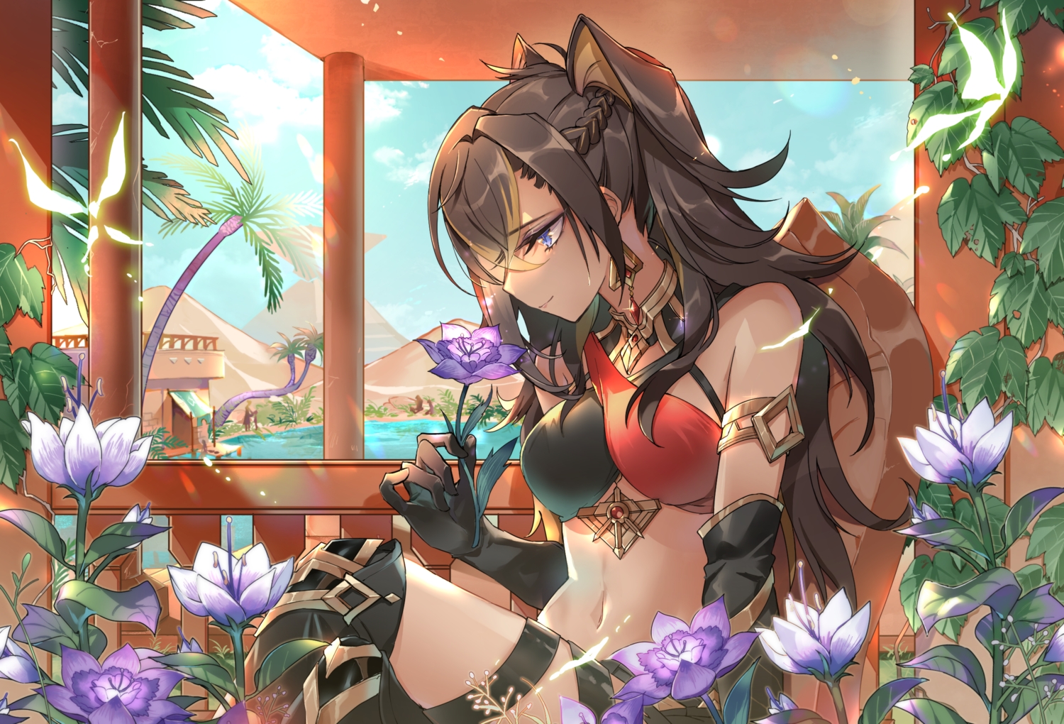animal_ears, blue_eyes, braids, brown_hair, clouds, dark_skin, dehya_(genshin_impact), desert, elbow_gloves, flowers, genshin_impact, gloves, kanai23831347, leaves, long_hair, navel, sky, water