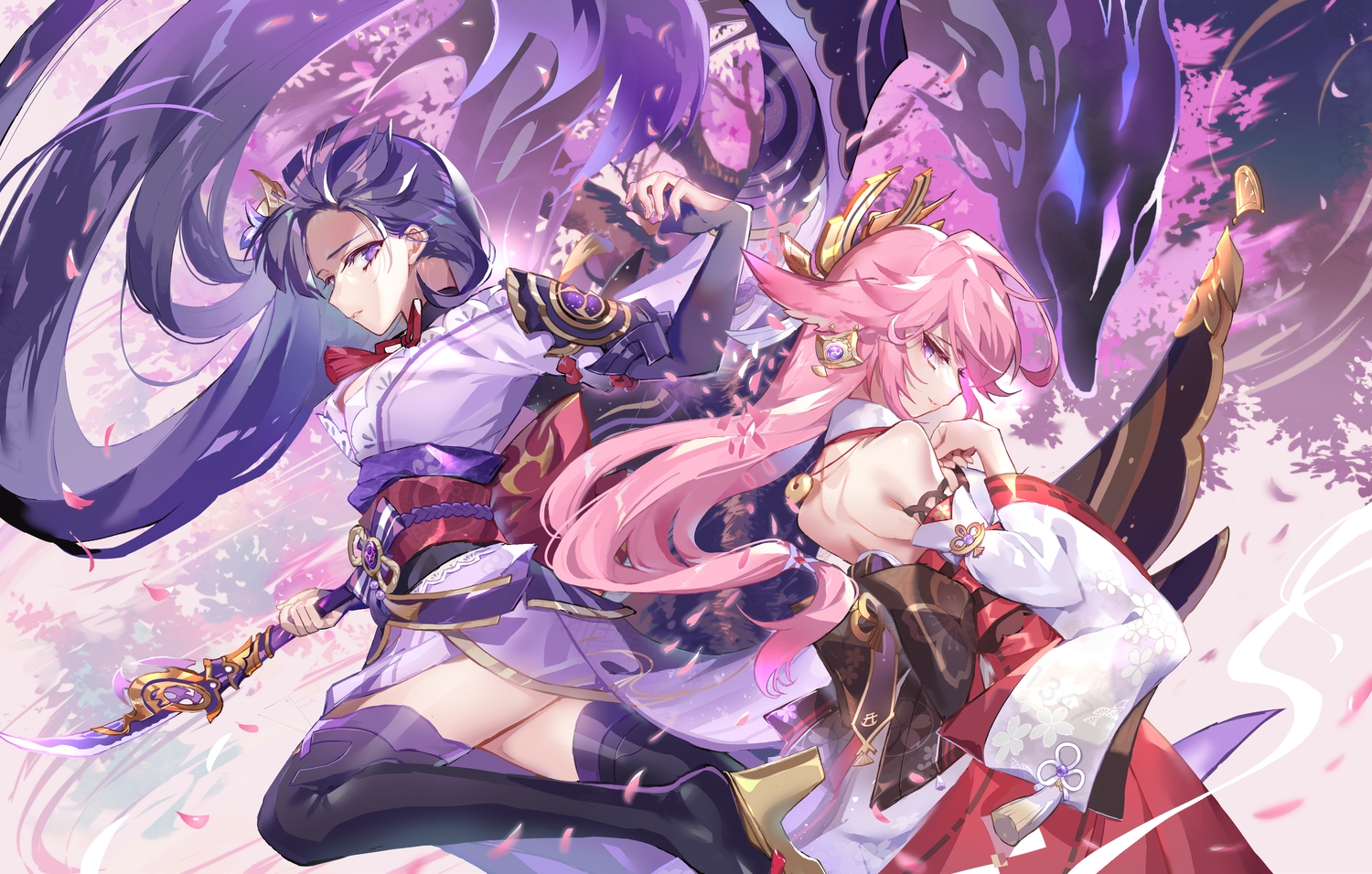 2girls, animal_ears, bow, elbow_gloves, foxgirl, genshin_impact, gloves, japanese_clothes, kanai23831347, kimono, long_hair, miko, pink_hair, purple_eyes, purple_hair, raiden_shogun, spear, thighhighs, weapon, yae_miko