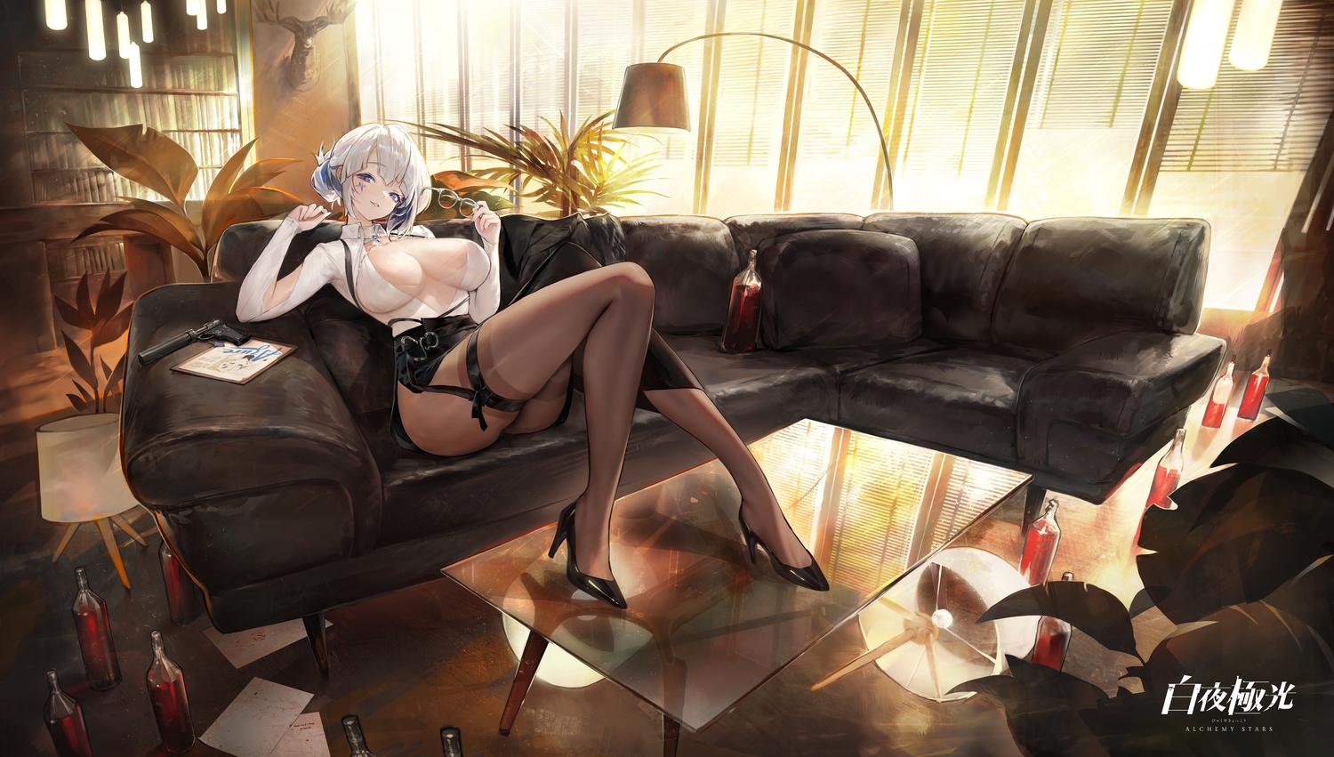 agoto, alchemy_stars, azure_(alchemy_stars), blue_eyes, couch, drink, garter, glasses, gray_hair, gun, logo, no_bra, pantyhose, paper, shirt, skirt, tattoo, weapon