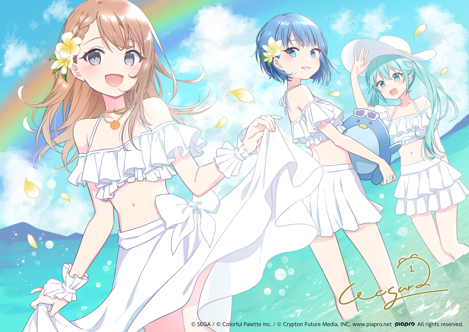 aqua_eyes, aqua_hair, blue_hair, blush, bow, braids, brown_hair, clouds