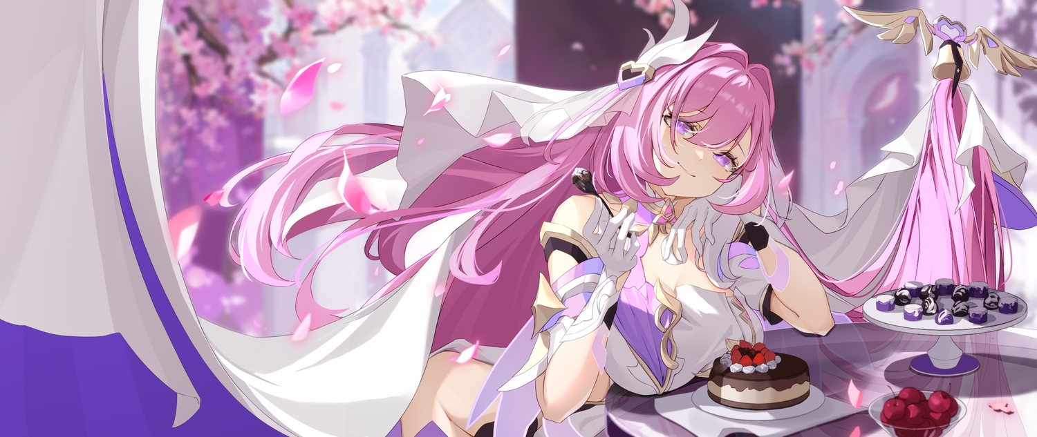 bell, cake, doge_onion, dress, elbow_gloves, elysia_(honkai_impact), food, fruit, gloves, honkai_impact, honkai_(series), long_hair, nopan, pink_hair, purple_eyes