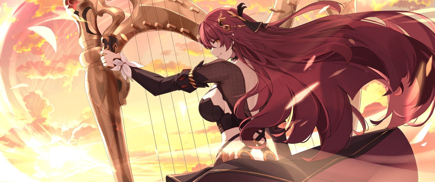 choker, clouds, doge_onion, eden_(honkai_impact), honkai_impact, honkai_(series), instrument, long_hair