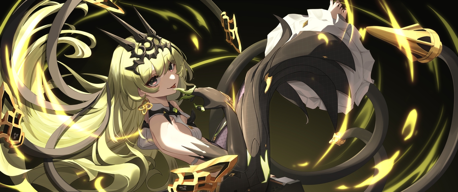 barefoot, doge_onion, elbow_gloves, gloves, green_hair, headdress, honkai_impact, honkai_(series), long_hair, mobius_(honkai_impact)