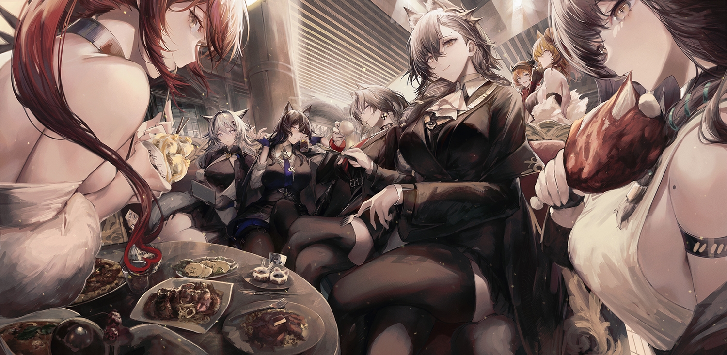 animal_ears, arknights, black_hair, blonde_hair, choker, croissant_(arknights), drink, elbow_gloves, food, giovanna_(arknights), gloves, gray_eyes, gray_hair, group, hat, horns, ice_cream, lappland_(arknights), long_hair, lunacub_(arknights), orange_hair, pantyhose, penance_(arknights), pocky, red_hair, scar, shirt, siege_(arknights), skirt, solfi0211, sora_(arknights), texas_(arknights), thighhighs, tie, wolfgirl, yellow_eyes, zettai_ryouiki