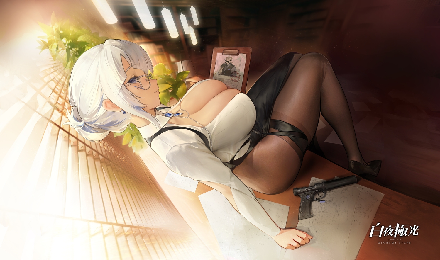 agoto, alchemy_stars, azure_(alchemy_stars), blue_eyes, breasts, cleavage, garter, glasses, gun, long_hair, no_bra, pantyhose, shirt, skirt, tattoo, weapon, white_hair