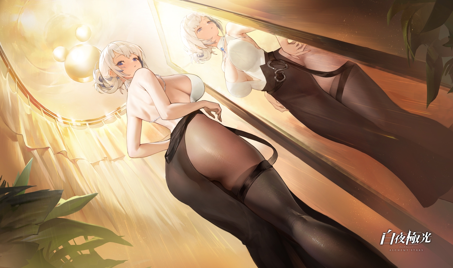 agoto, alchemy_stars, ass, azure_(alchemy_stars), blue_eyes, breasts, chain, cleavage, garter, logo, mirror, pantyhose, reflection, skirt, tattoo, white_hair