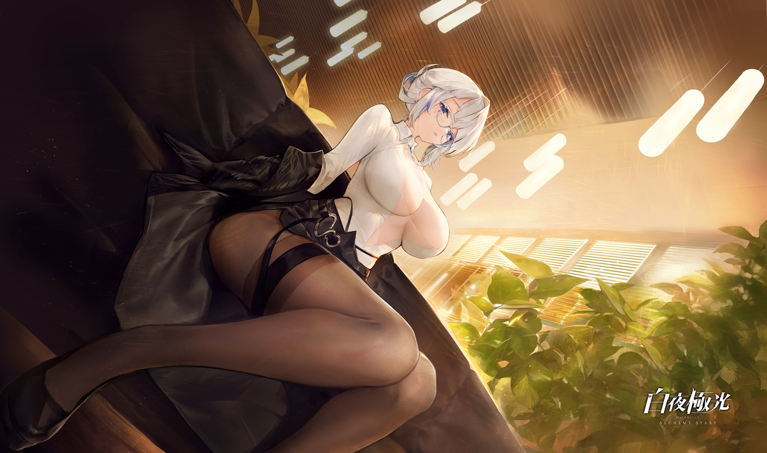 agoto, alchemy_stars, azure_(alchemy_stars), blue_eyes, breasts, cleavage, couch, garter