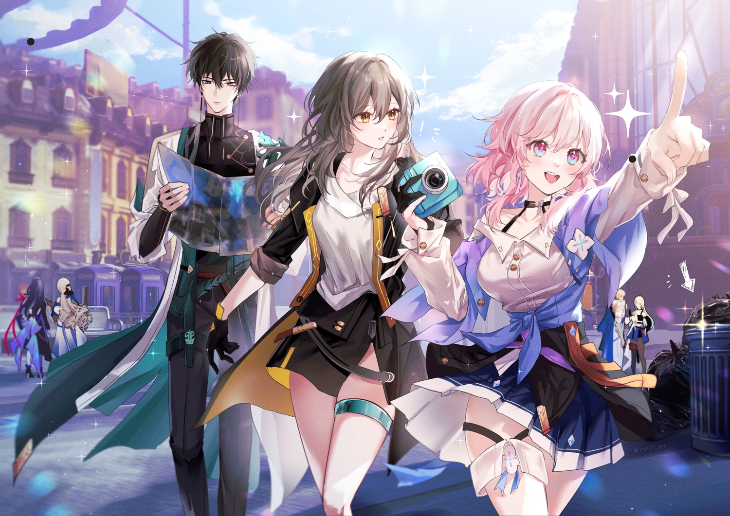 armor, black_hair, blonde_hair, bronya_rand, brown_hair, building, camera, cape