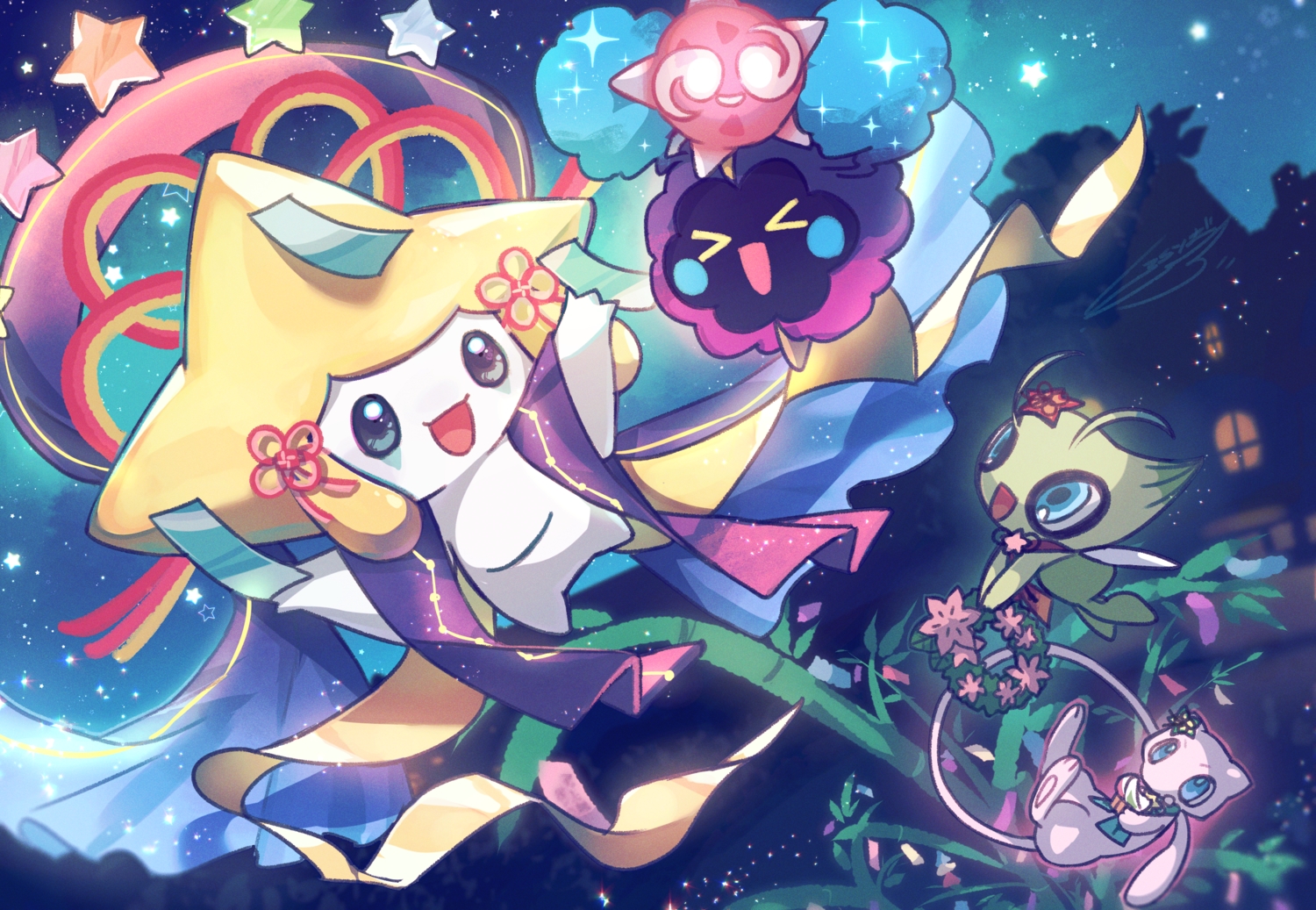 celebi, cosmog, festival, flowers, jirachi, mew, night, no_humans