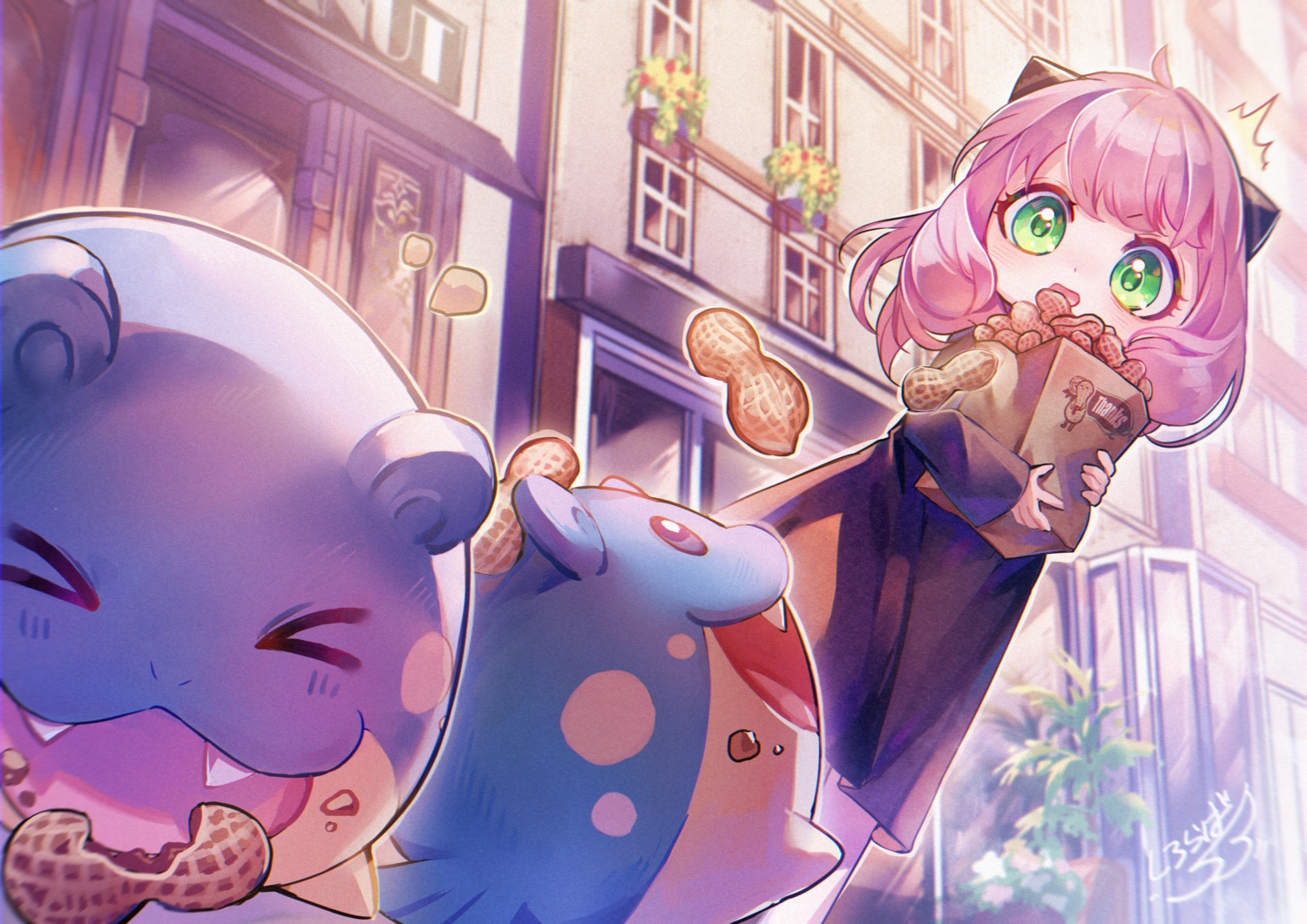 anya_(spy_x_family), blush, building, crossover, dress, food, green_eyes, loli