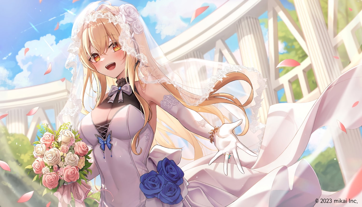 blonde_hair, blush, bow, clouds, dress, elbow_gloves, flowers, gloves, headdress, long_hair, petals, re:act, red_eyes, rose, sira_(user_dswn7488), sky, usami_yuno, watermark, wedding_attire, wristwear