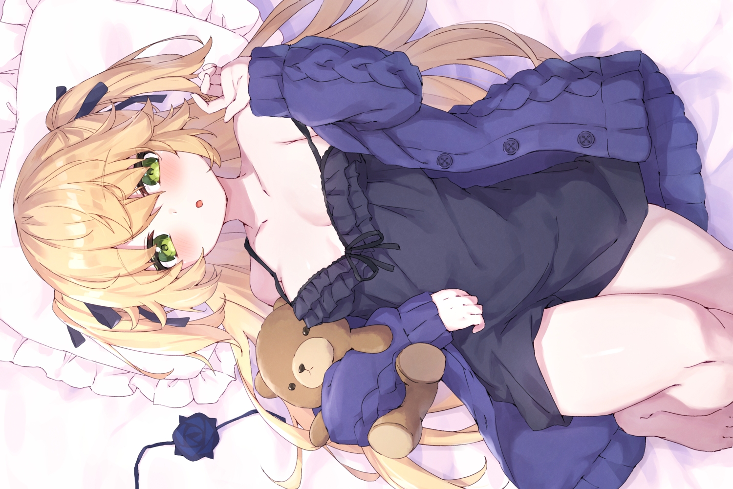 barefoot, bed, blonde_hair, blush, breasts, fischl_(genshin_impact), genshin_impact, green_eyes, long_hair, masaki_(msk064), no_bra, teddy_bear, twintails