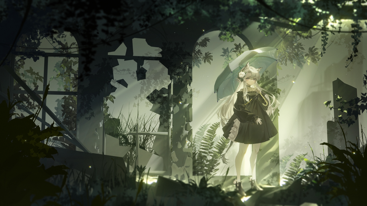 animal_ears, arknights, blue_eyes, dress, grass, gray_hair, green, heavyrain_(arknights), leaves, long_hair, ruins, tail, tuzhate, umbrella