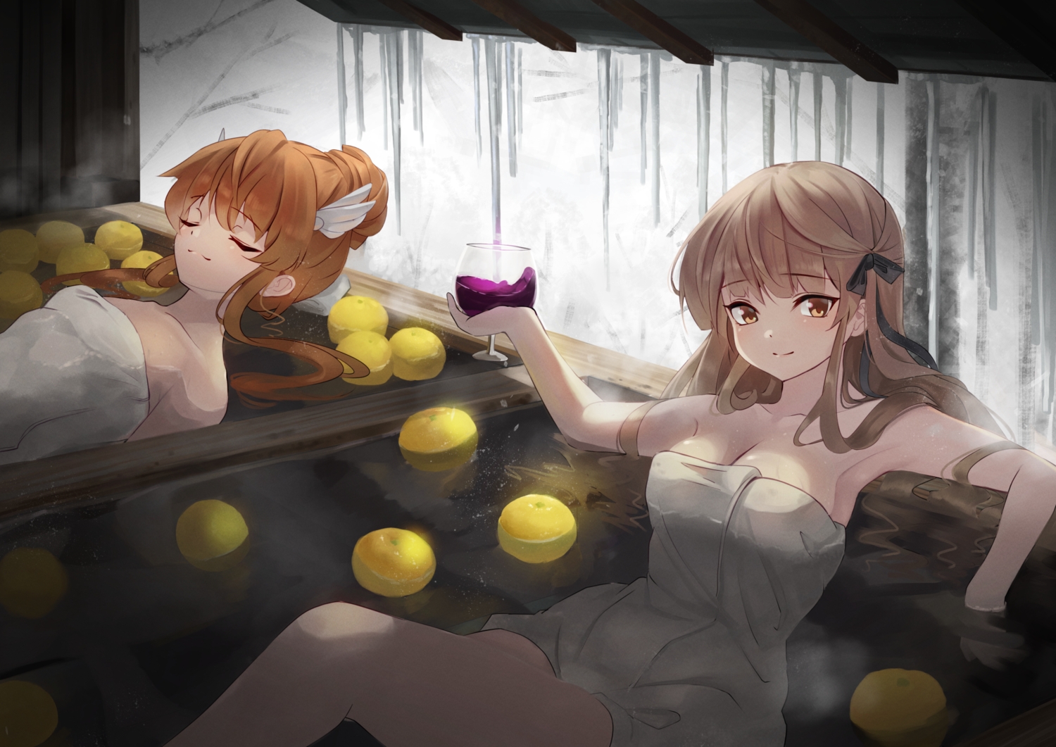 2girls, bath, bathtub, bow, breasts, brown_eyes, brown_hair, cleavage