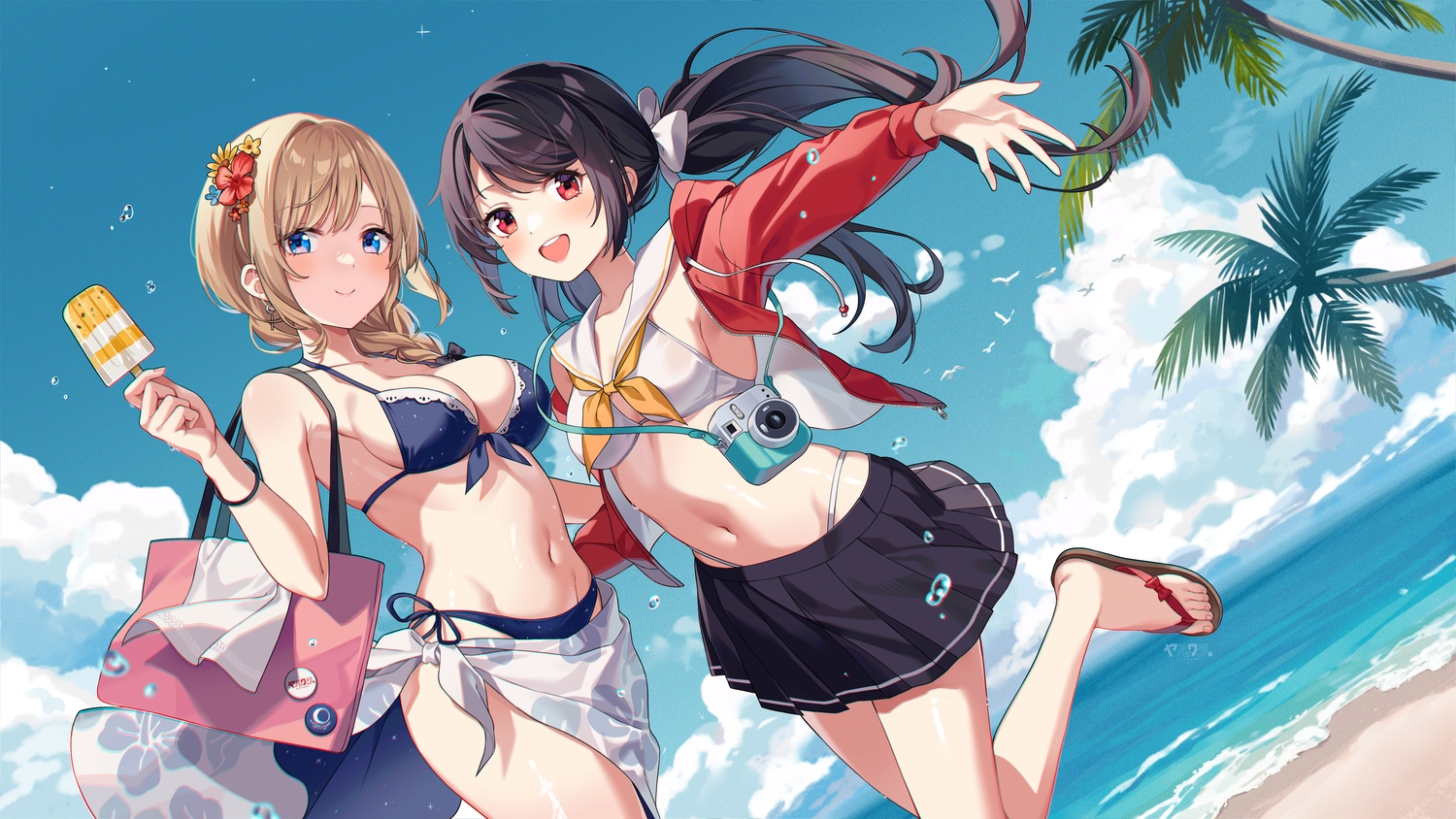 2girls, beach, bikini, black_hair, blue_eyes, bow, braids, breasts