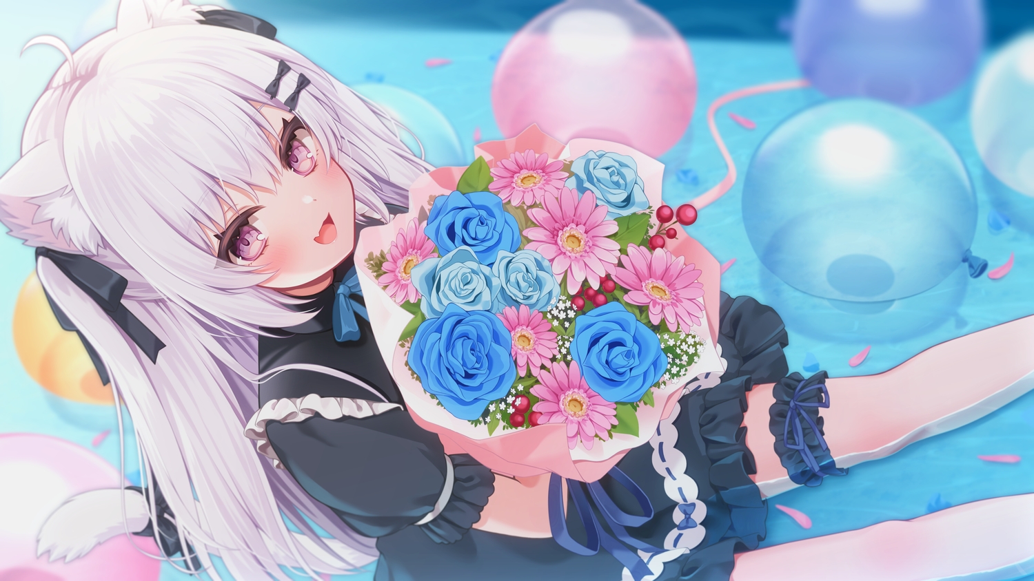 animal_ears, blush, bow, catgirl, cat_smile, fang, flowers, garter, goth-loli, indie_virtual_youtuber, lolita_fashion, long_hair, nufucha, petals, purple_eyes, ribbons, rose, shanoa_(vtuber), tail, water, white_hair