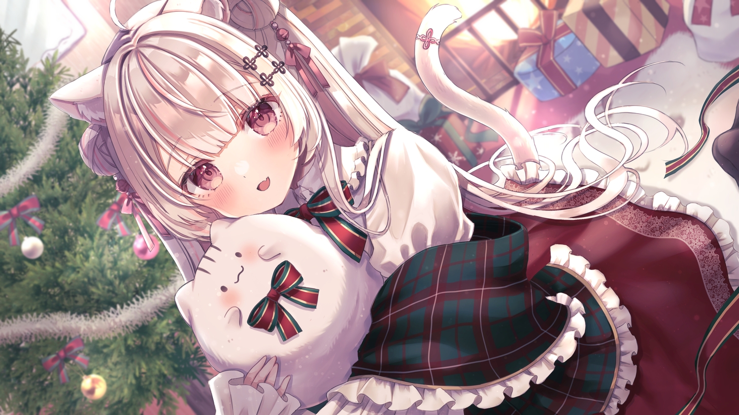 animal_ears, blush, botamochi_(botabutasan), bow, catgirl, christmas, fang, gray_hair, indie_virtual_youtuber, long_hair, red_eyes, ribbons, shanoa_(vtuber), shirt, skirt, tail, tree