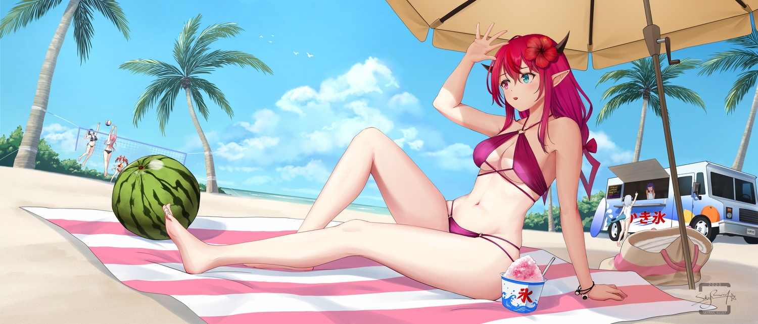 animal_ears, ball, barefoot, beach, bicolored_eyes, bikini, blue_hair, breasts
