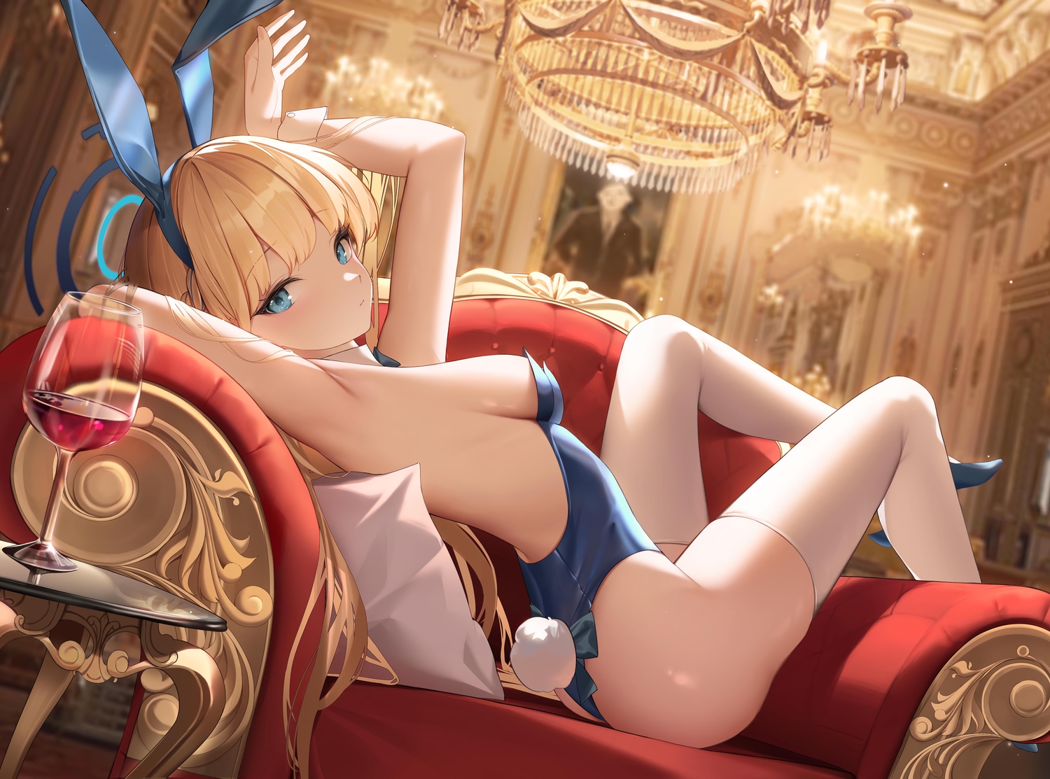 animal_ears, ass, asuma_toki, blonde_hair, blue_archive, blue_eyes, breasts, bunny_ears, bunnygirl, couch, dodari, drink, halo, headband, leotard, long_hair, tail, thighhighs
