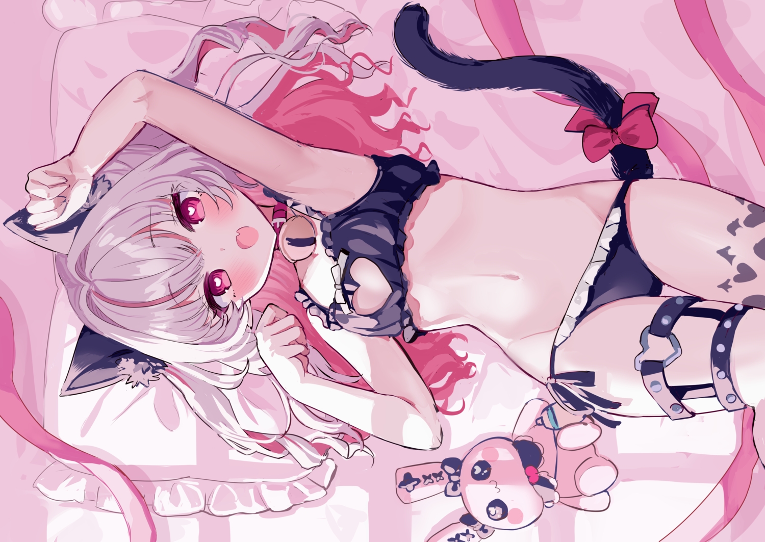 animal_ears, bed, bell, blush, bow, bra, bunny, catgirl, collar, demon, fang, garter, gray_hair, karunabaru, loli, long_hair, makaino_ririmu, navel, nijisanji, panties, pink_eyes, ribbons, sketch, tail, underwear