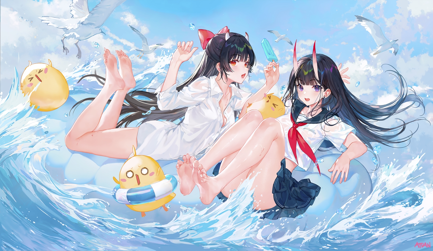 2girls, anthropomorphism, atdan, azur_lane, barefoot, black_hair, blush, bow