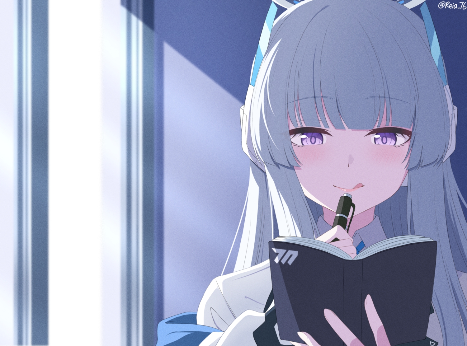 blue_archive, blush, book, close, gray_hair, long_hair, purple_eyes, reia_76