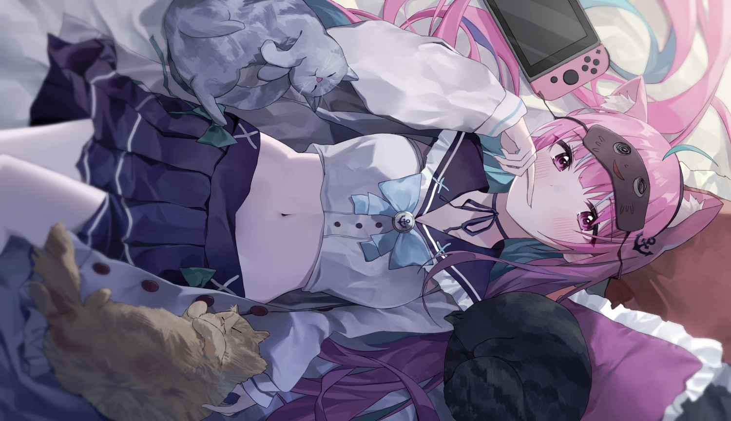 animal, animal_ears, bed, blush, bow, cat, catgirl, game_console