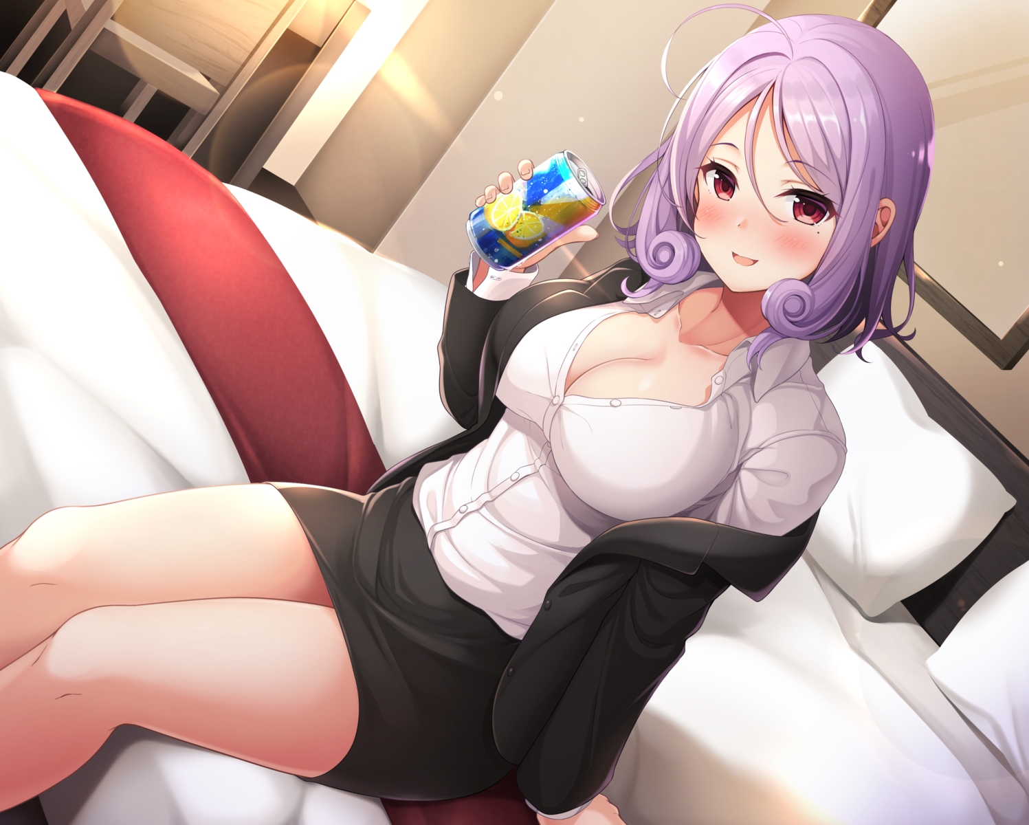 bed, blush, breasts, cleavage, drink, original, purple_hair, red_eyes