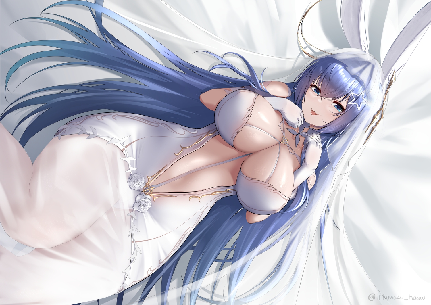 animal_ears, anthropomorphism, aqua_eyes, azur_lane, bed, blue_hair, breast_hold, breasts, bunny_ears, cat_smile, elbow_gloves, gloves, headdress, irkawaza, long_hair, new_jersey_(azur_lane), no_bra, see_through, signed, wedding_attire