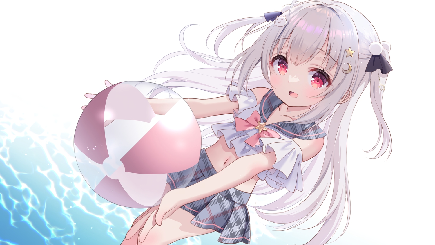 ball, bow, chitosezaka_suzu, gray_hair, loli, long_hair, navel, original