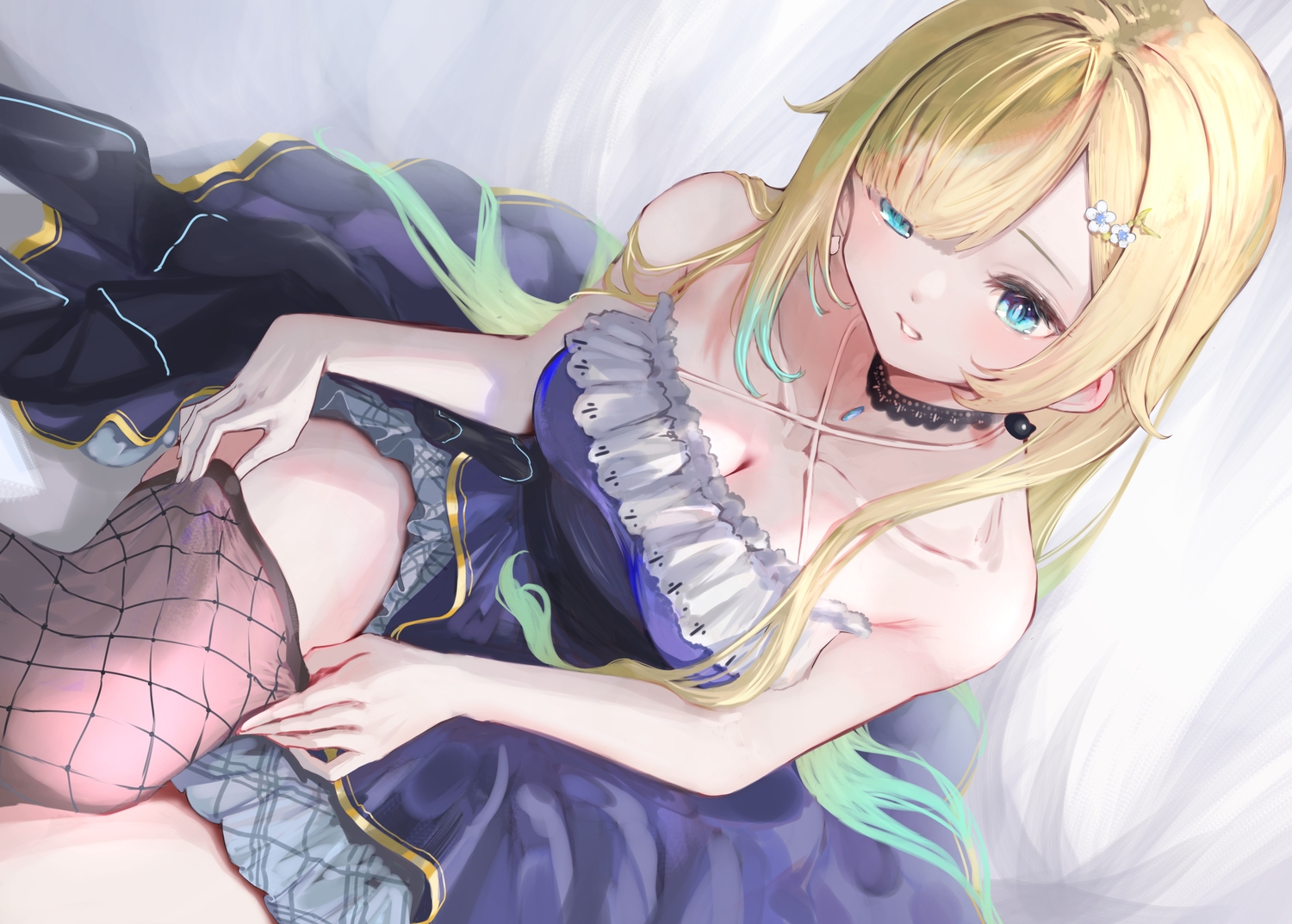 aizawa_ema, aqua_eyes, blonde_hair, breasts, choker, cleavage, dress, dressing, kobakoba0_0, long_hair, thighhighs, vspo!