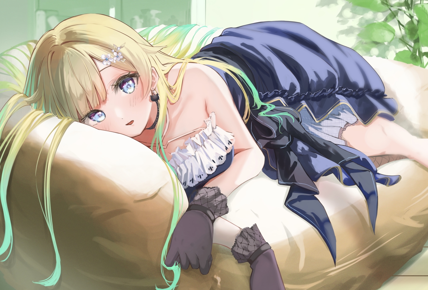 aizawa_ema, blonde_hair, blue_eyes, blush, choker, couch, dress, gloves, kobakoba0_0, long_hair, vspo!