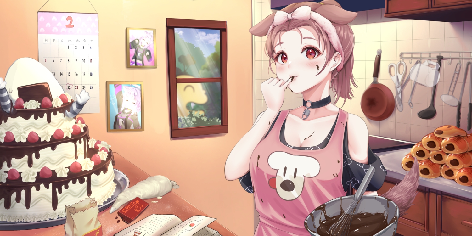 animal_ears, apron, blush, book, breasts, brown_hair, cake, cat_smile, chocolate, cleavage, collar, creid, doggirl, food, fruit, hololive, inugami_korone, ponytail, red_eyes, strawberry, tail