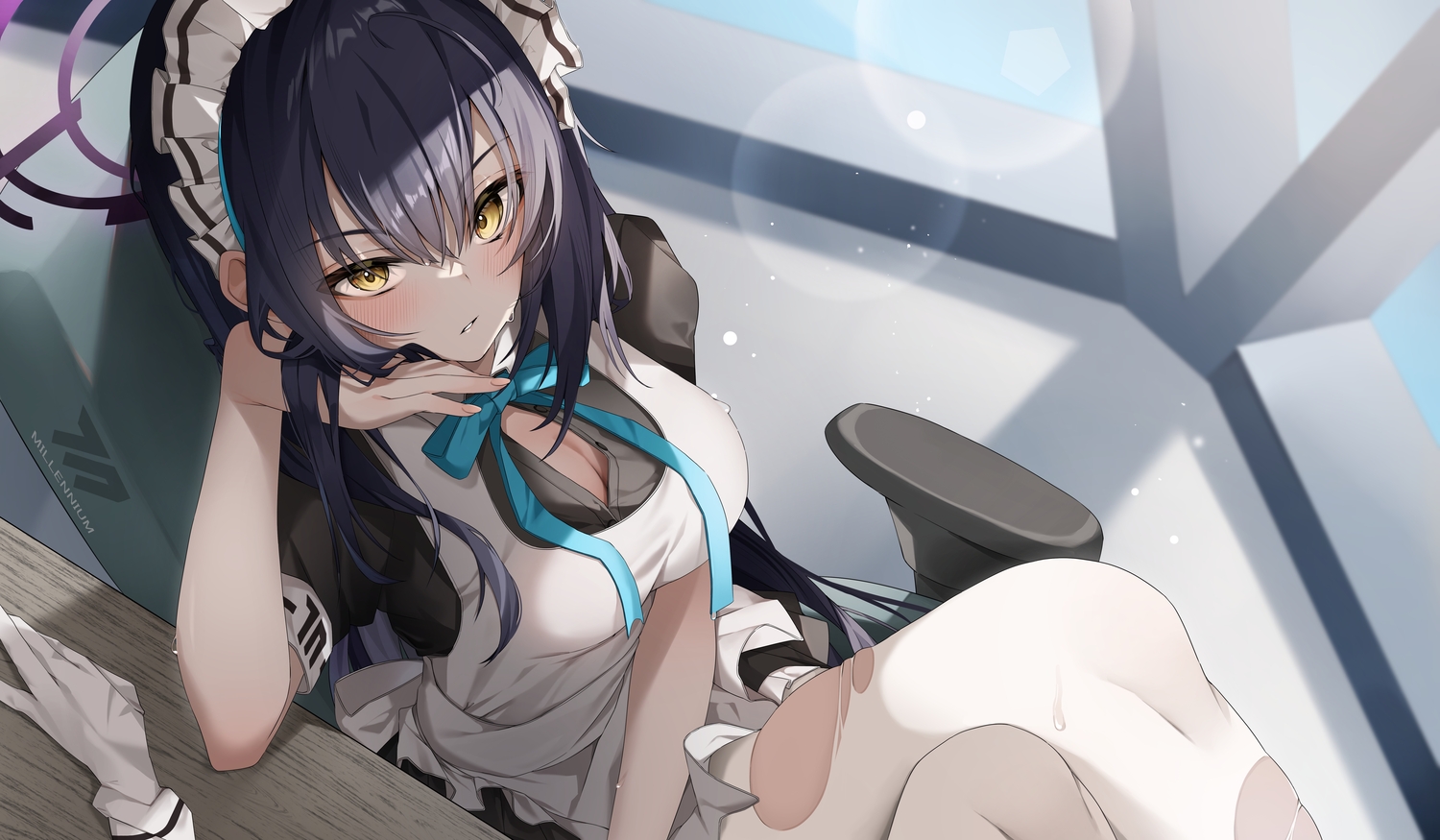 apron, awaki224, black_hair, blue_archive, blush, bow, breasts, cleavage